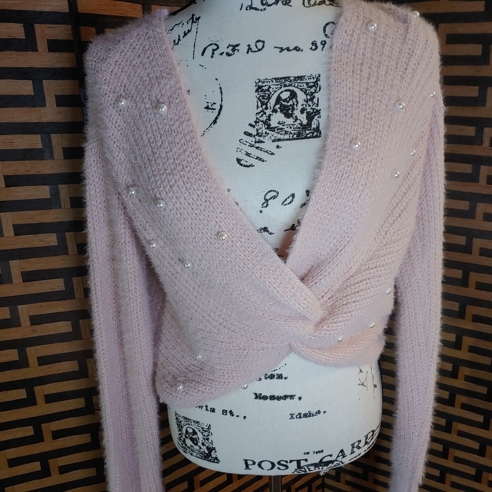 Pink Soft Beaded Twist Front Cable Knit Sweater Sz: S- NWOT